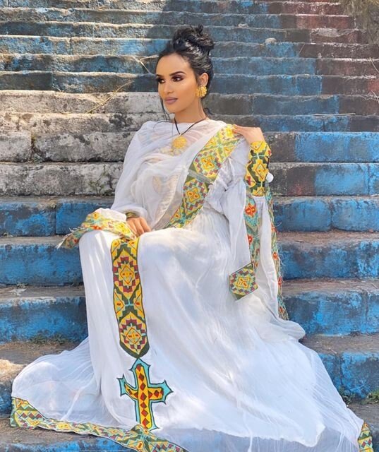 Stunning Ethiopian traditional dress: Graceful Menen with Beautiful Tilf, Habesha dress, Habesha kemis, Eritrean dress, Kemis, ሀበሻ