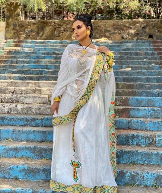 Stunning Ethiopian traditional dress: Graceful Menen with Beautiful Tilf, Habesha dress, Habesha kemis, Eritrean dress, Kemis, ሀበሻ