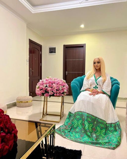 Enchanting Green Tilf Shimena Habesha Kemis with Intricate Design, Habesha dress, Habesha kemis, Eritrean dress, Kemis, ሀበሻ