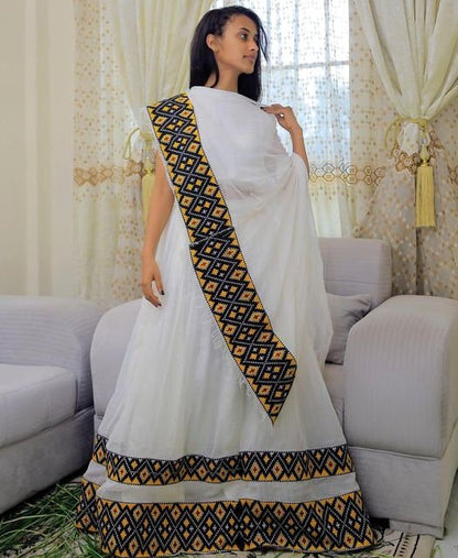 Mesmerizing Tilf Patterned Menen Fabric Ethiopian Traditional Dress, Habesha dress, Habesha kemis, Eritrean dress, Kemis, ሀበሻ