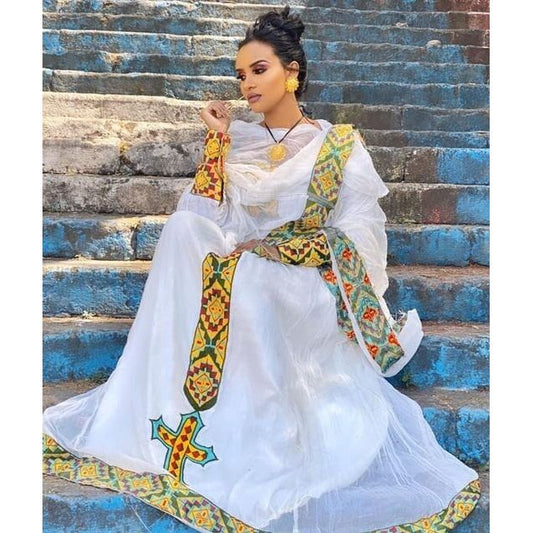 Stunning Ethiopian traditional dress: Graceful Menen with Beautiful Tilf, Habesha dress, Habesha kemis, Eritrean dress, Kemis, ሀበሻ