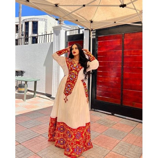 Exquisite Red Tilf, Shimena Ethiopian Habesha Kemis with Luxurious Menen fabric, Habesha dress, Habesha kemis, Eritrean dress, Kemis, ሀበሻ