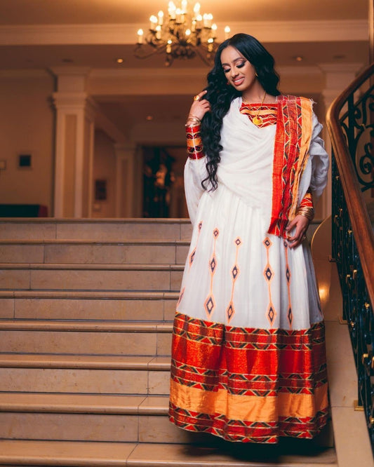 Handwoven Menen Majesty: A Vibrant Ethiopian Habesha Dress, Habesha kemis, Eritrean dress, ሀበሻ