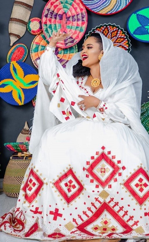 Red Menen Majesty: A Stunning Traditional Ethiopian Dress, habesha dress, Habesha kemis, Eritrean dress, ሀበሻ