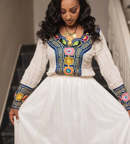 Regal Redefined: Menen Fabric Habesha Kemis with Gorgeous Tilf Embroidery, Habesha dress, Eritrean dress, ሀበሻ