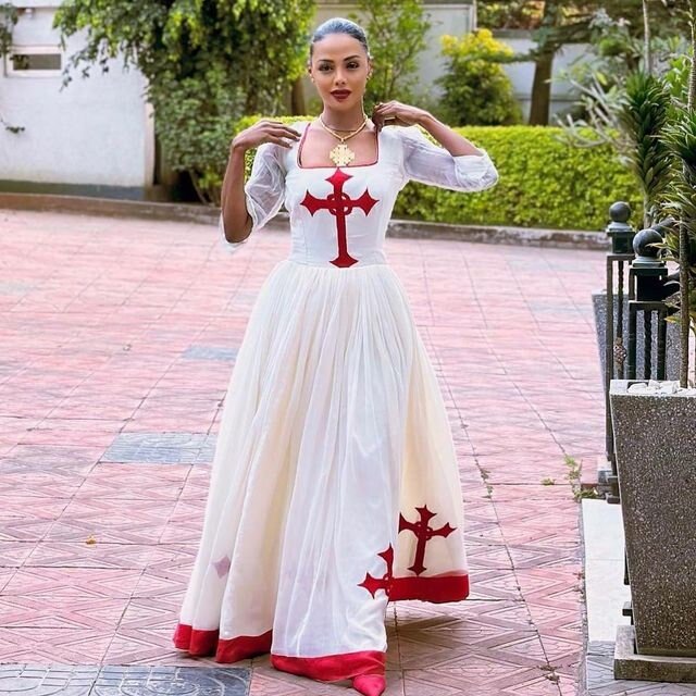 Regal red cross habesha dress design red tilf habesha kemis Eritrean dress