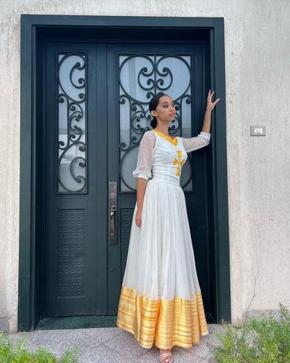 Ethiopian Elegance: A Stunning Tibeb Dress with Intricate Tilf Embroidery and Cross Neckline, Habesha Kemis, Eritrean dress, ሀበሻ