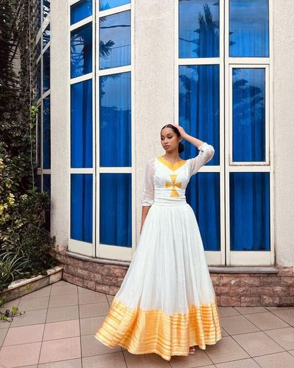 Ethiopian Elegance: A Stunning Tibeb Dress with Intricate Tilf Embroidery and Cross Neckline, Habesha Kemis, Eritrean dress, ሀበሻ