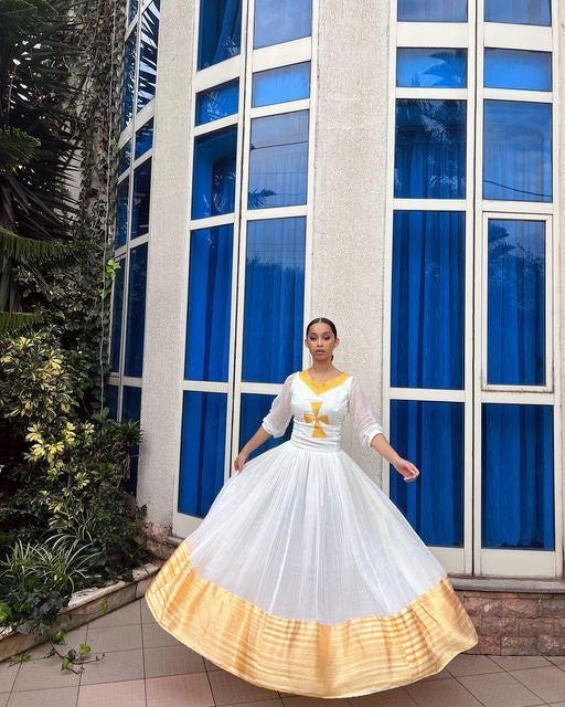 Ethiopian Elegance: A Stunning Tibeb Dress with Intricate Tilf Embroidery and Cross Neckline, Habesha Kemis, Eritrean dress, ሀበሻ