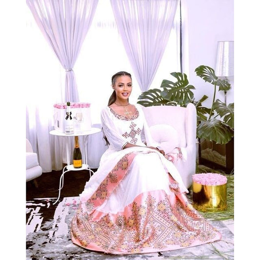 Pink Petals: A Handwoven Shimena Dress with Light Pink Tilf Embroidery, Habesha Kemis, Eritrean dress, ሀበሻ