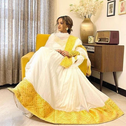 Golden Sun: A Handwoven Shimena Habesha Dress with Stunning Yellow Tilf Embroidery, Habesha Kemis, Eritrean dress, ሀበሻ