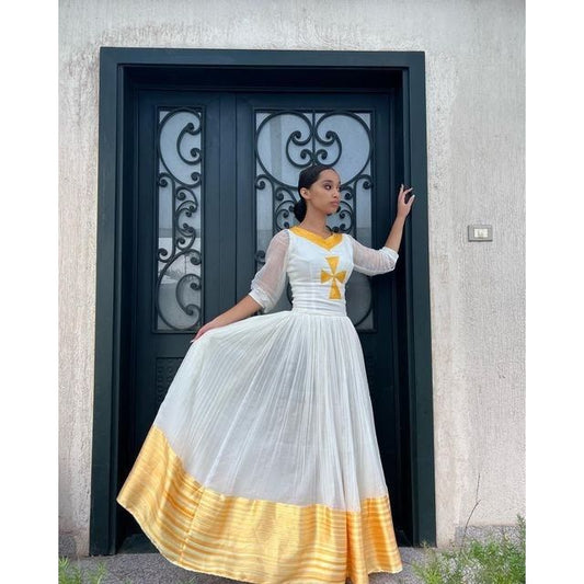 Ethiopian Elegance: A Stunning Tibeb Dress with Intricate Tilf Embroidery and Cross Neckline, Habesha Kemis, Eritrean dress, ሀበሻ