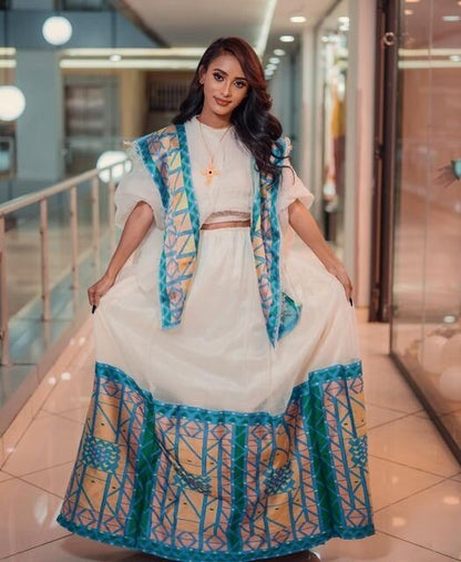 Regal Menen: A Fully Handwoven and Elegant Habesha Dress in Luxurious Menen Fabric, Habesha Kemis, Eritrean dress, ሀበሻ