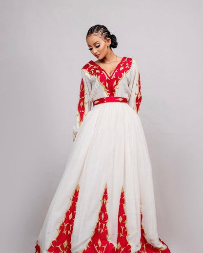 Regal Red Menen Dress with Stunning Tilf Embroider, Habesha dress, Habesha Kemis, Eritrean dress, ሀበሻ