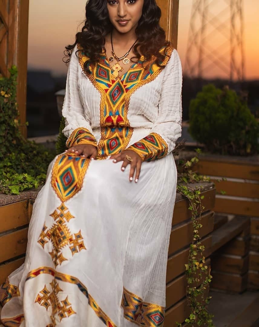 Menen-Shimena Delight: A Vibrant Habesha Dress with Intricate Tilf Embroidery, Habesha Kemis, Eritrean dress, ሀበሻ