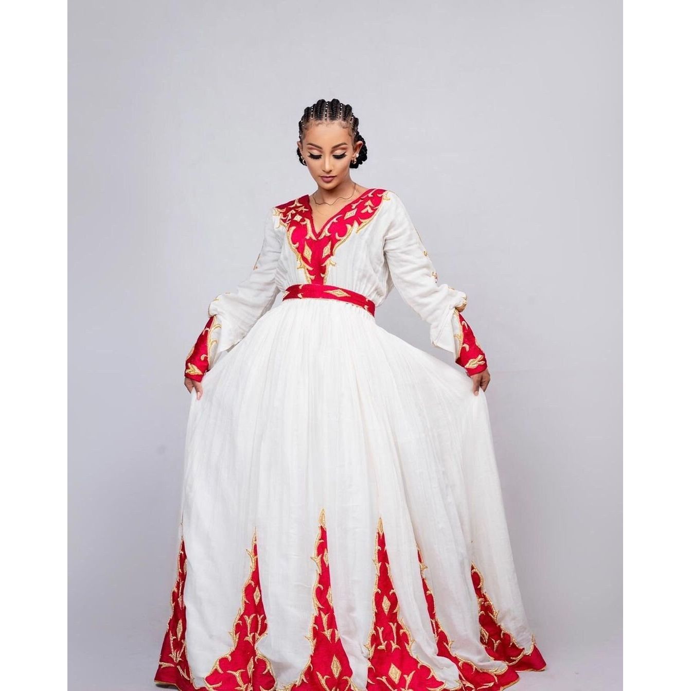 Regal Red Menen Dress with Stunning Tilf Embroider, Habesha dress, Habesha Kemis, Eritrean dress, ሀበሻ