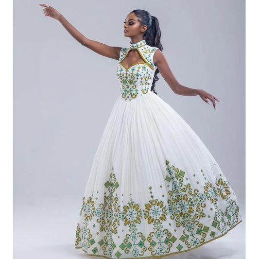 Tilf and Beads: An Elegant Habesha Dress Made of Menen Fabric, Habesha Kemis, Eritrean dress, ሀበሻ
