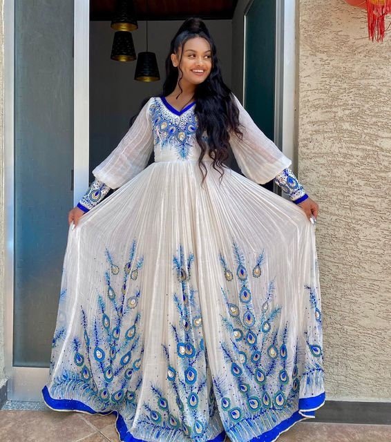 Blue Menen Habesha Kemis with Tilf Embroidery and Beads, Habesha Kemis, Eritrean dress, ሀበሻ