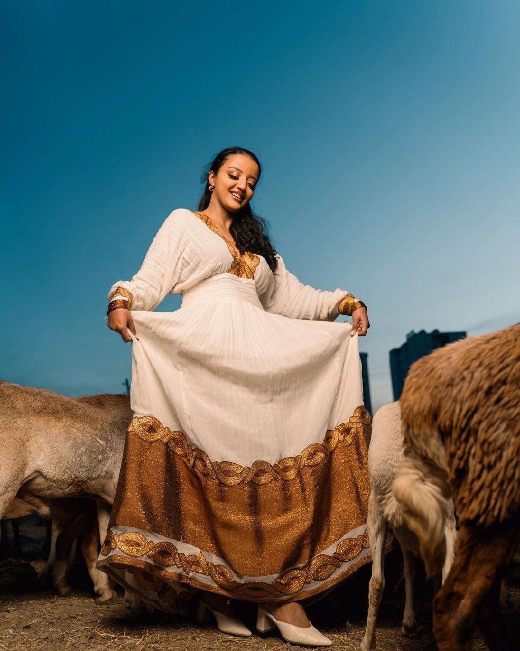 Golden Brown Shimena Beauty: A Gorgeous Habesha Dress with Menen Fabric and Tilf Chain Design, Habesha Kemis, Eritrean dress, ሀበሻ