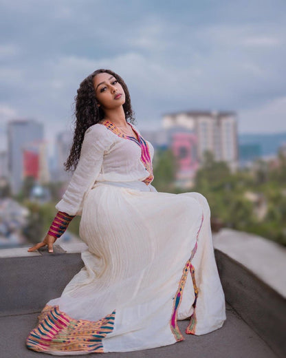 Radiant Menen Habesha Dress with Vibrant Tilf Design and Shimena Bottom, Habesha Kemis, Eritrean dress, ሀበሻ