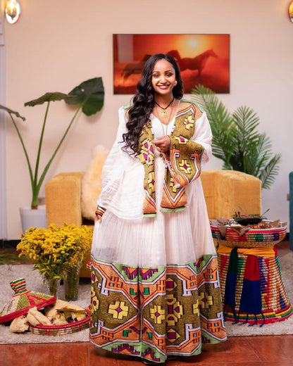 Elegant Habesha Dress with Menen Fabric, Tilf Design on the Sleeves, and Shimena Bottom, Habesha Kemis, Eritrean dress, ሀበሻ