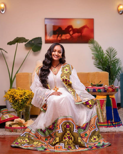 Elegant Habesha Dress with Menen Fabric, Tilf Design on the Sleeves, and Shimena Bottom, Habesha Kemis, Eritrean dress, ሀበሻ