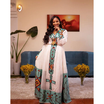 Stunning Habesha Dress with Menen Fabric, Tibeb Bottom, and Intricate Tilf Design, Habesha Kemis, Eritrean dress, ሀበሻ