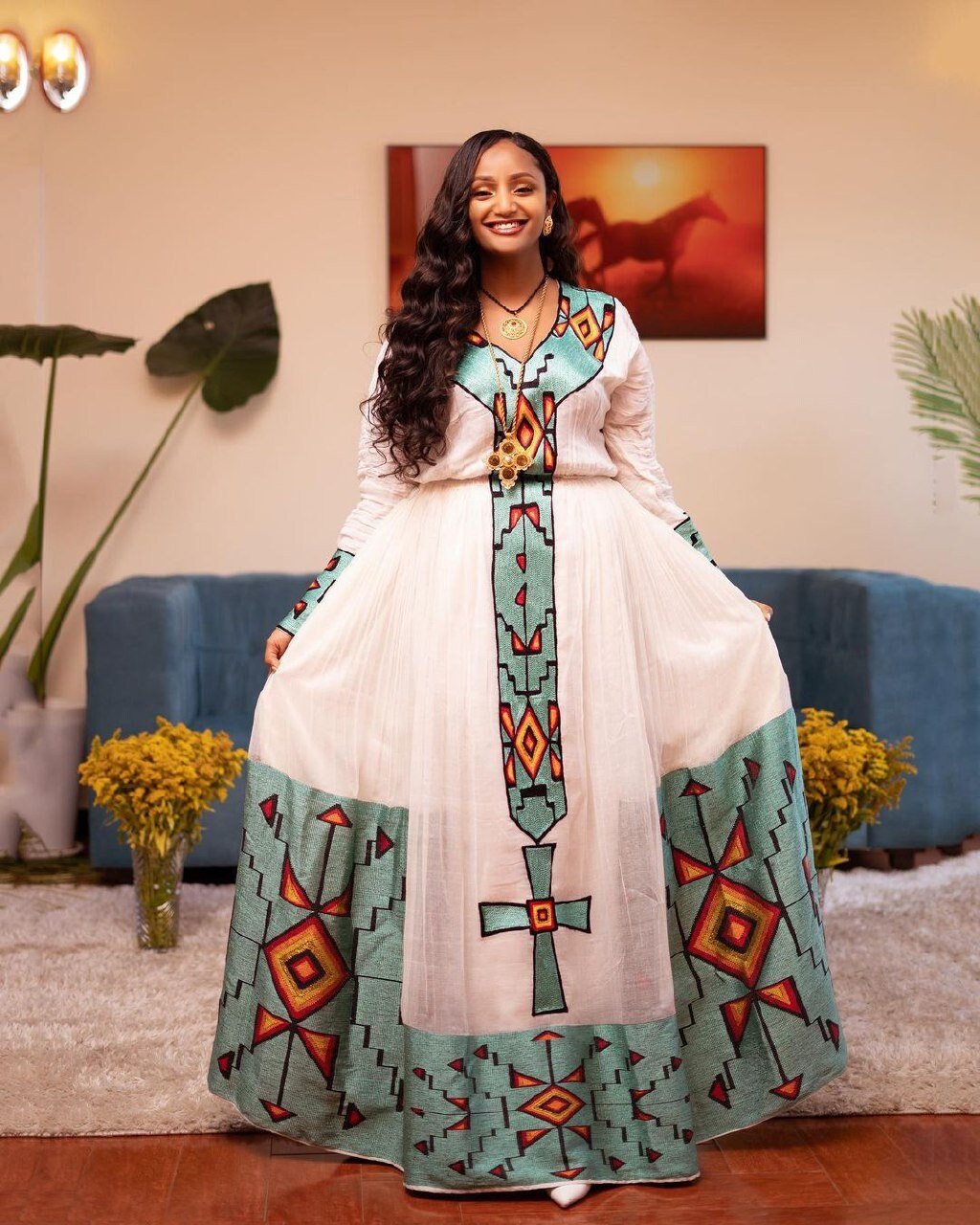 Stunning Habesha Dress with Menen Fabric, Tibeb Bottom, and Intricate Tilf Design, Habesha Kemis, Eritrean dress, ሀበሻ