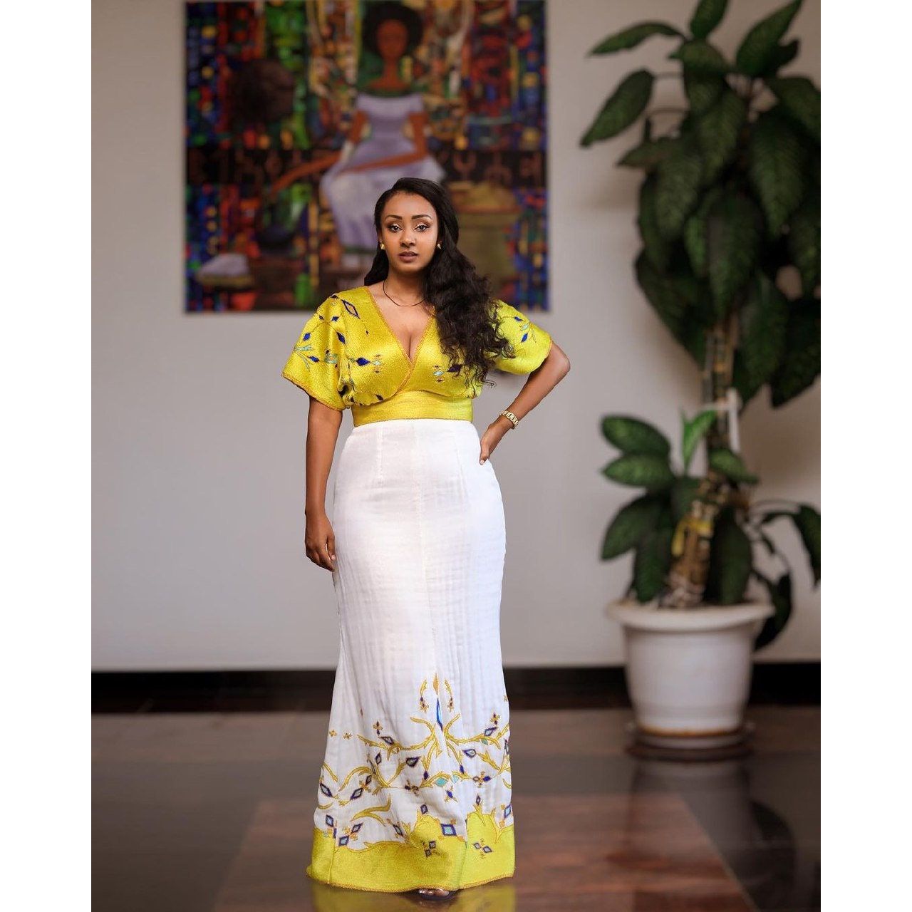 Beautiful Habesha Dress with Menen Fabric and Yellow Tilf Design, Habesha Kemis, Eritrean dress, ሀበሻ