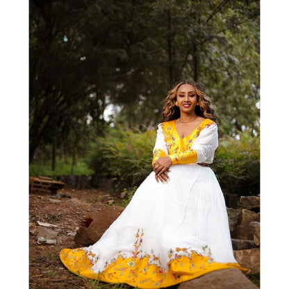 A Stunning Ethiopian Habesha Dress in Menen Fabric with Exquisite Yellow Tilf Design, Habesha Kemis, Eritrean dress, ሀበሻ