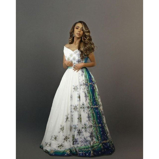 The Royal Menen Dress: A Stunning Habesha Dress with Tilf Embroidery and Beads, Habesha Kemis, Eritrean dress, ሀበሻ