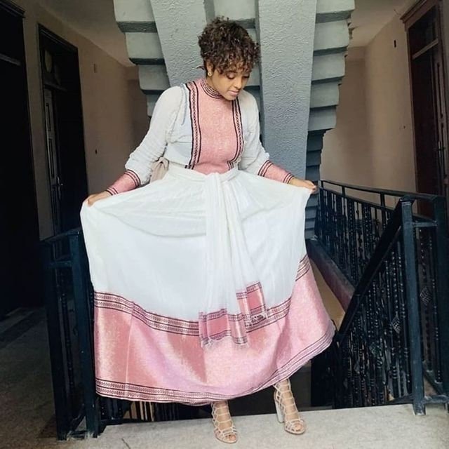 Elegant & Classy Ethiopian Handwoven Traditional Dress, made from a delicate fabric called Menen.