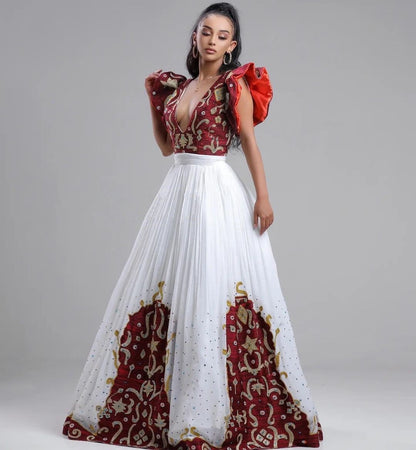A Menen Fabric Habesha Kemis with Shimena Top, Beaded Accents, and Tilf Hem , Habesha Kemis, Eritrean dress, ሀበሻ