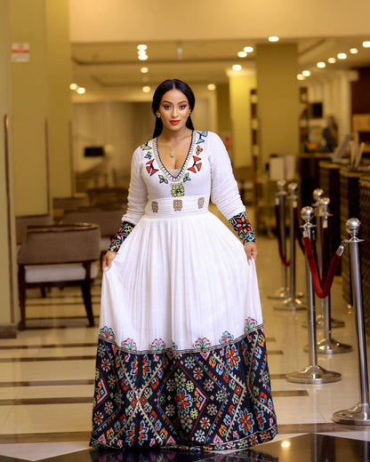 A Menen Fabric Habesha Kemis with Shimena Top, Tibeb Bottom, and Tilf Embroidery , Habesha Kemis, Eritrean dress, ሀበሻ