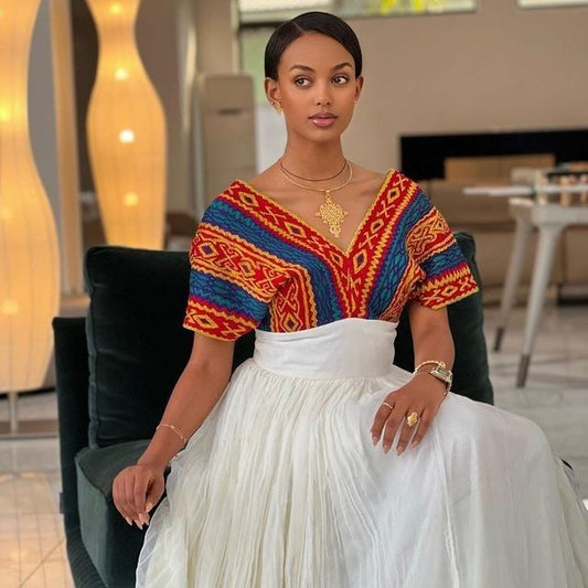 A Stunning Colorful Habesha Dress with a Full Embroidery Upper Part, Traditional Ethiopian Dress, Eritrean Dress, Menen, Handwoven