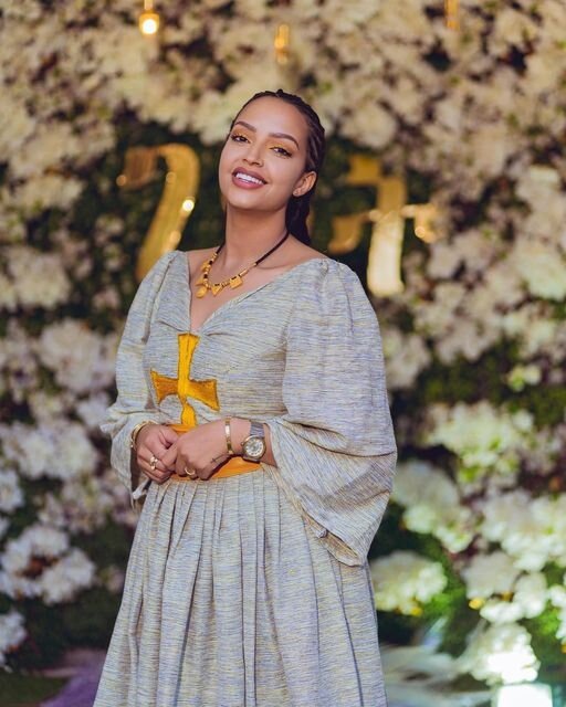 Handmade Elegance: A Stunning Ethiopian Dress with Yellow Cross Tilf