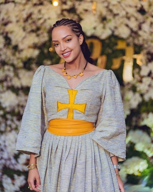 Handmade Elegance: A Stunning Ethiopian Dress with Yellow Cross Tilf