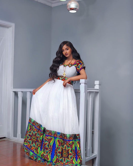 A Stunning Habesha Kemis in Menen Fabric, Shimena Dress, and Colorful Tilf Design, Eritrean dress, ሀበሻ