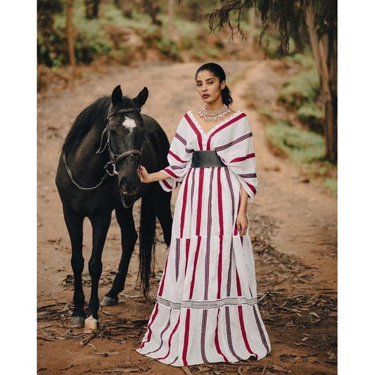 A Vibrant Traditional Shimena Oromo Dress with Suf Fabric and Accessories