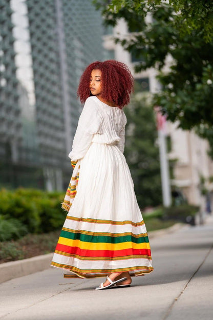 A Stunning Shimena Habesha Dress with Menen Fabric and Flag-Inspired Design, Habesha dress, Habesha kemis, Eritrean dress, Kemis, ሀበሻ