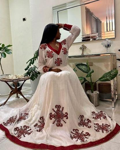 Vibrant Red Shimena Habesha Dress with Beautiful Tilf Design, Habesha dress, Habesha kemis, Eritrean dress, Kemis, ሀበሻ