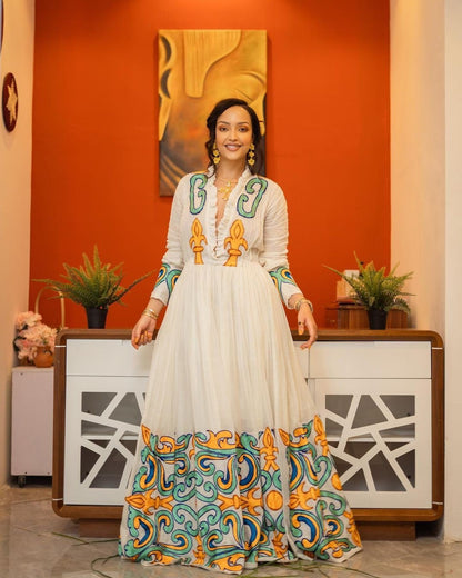 Exquisite Habesha Kemis with a Gorgeous Tilf Pattern and Shimena Dress in Regal Menen Fabric, Habesha Kemis, Eritrean dress, ሀበሻ