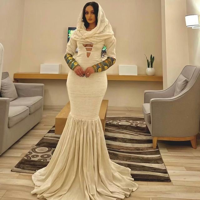 Exquisite shapely Habesha dress made of Gabi material, Habesha dress, Habesha kemis, Eritrean dress, Kemis, ሀበሻ