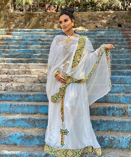 Stunning Ethiopian traditional dress: Graceful Menen with Beautiful Tilf, Habesha dress, Habesha kemis, Eritrean dress, Kemis, ሀበሻ