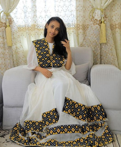 Mesmerizing Tilf Patterned Menen Fabric Ethiopian Traditional Dress, Habesha dress, Habesha kemis, Eritrean dress, Kemis, ሀበሻ