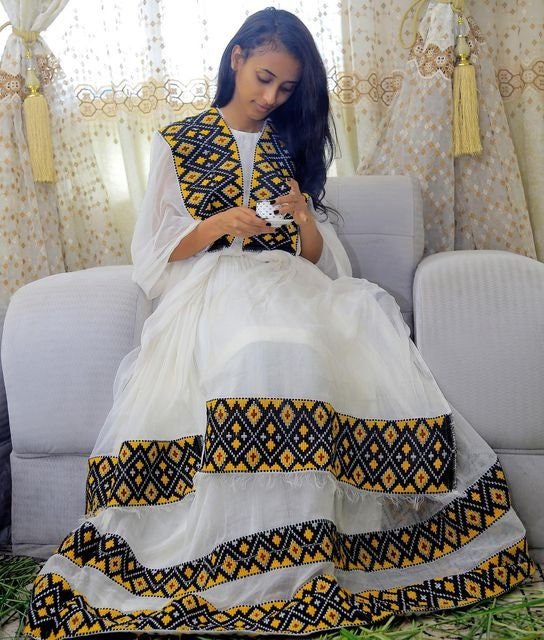 Mesmerizing Tilf Patterned Menen Fabric Ethiopian Traditional Dress, Habesha dress, Habesha kemis, Eritrean dress, Kemis, ሀበሻ