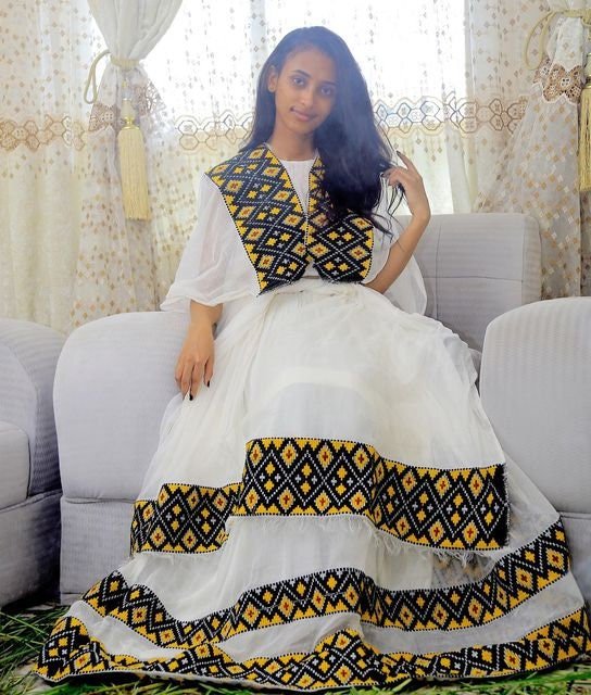 Mesmerizing Tilf Patterned Menen Fabric Ethiopian Traditional Dress, Habesha dress, Habesha kemis, Eritrean dress, Kemis, ሀበሻ