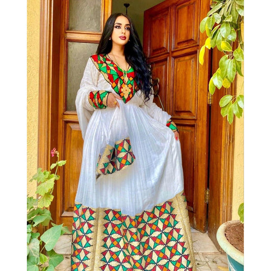 Enchanting Shimena Dress with Vibrant Tilf Pattern, Habesha Kemis, Eritrean dress, ሀበሻ