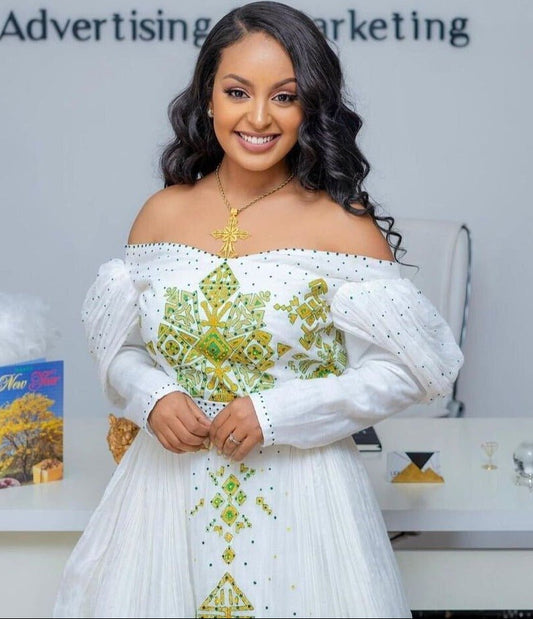 Magnificent Habesha Kemis with aGorgeous Tilf Pattern, Shimena Dress, and Regal Menen Fabric, Habesha Kemis, Eritrean dress, ሀበሻ