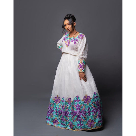 Regal Menen Habesha Kemis with a Stunning Purple and Blue Tilf Pattern and Shimena Dress, Habesha Kemis, Eritrean dress, ሀበሻ